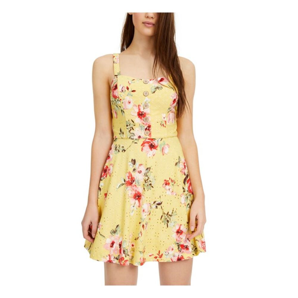 BCX DRESS Womens Yellow Fitted Faux Buttons Sleeveless Mini Dress XXS